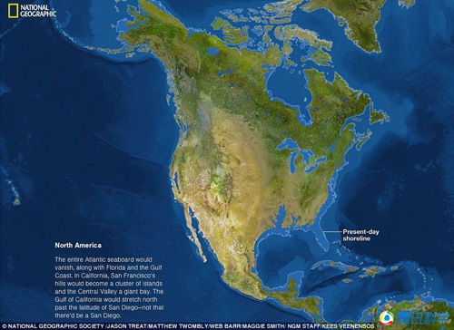 组图:海平面上升79米后的世界版图