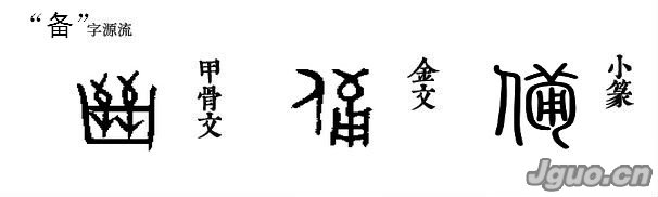 甲骨文的"备",中间是一支箭的形状,下方像是个容器,合起来就是将弓箭