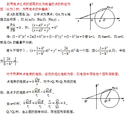 两不等量异种点电荷电场中的圆形零势面